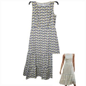 Boden Tiered Midi Dress Womens 6R Yellow Navy Floral Geometric Sleeveless